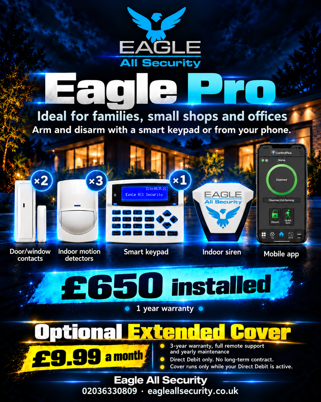 Eagle Pro burglar alarm package for homes and small businesses, £650 installed