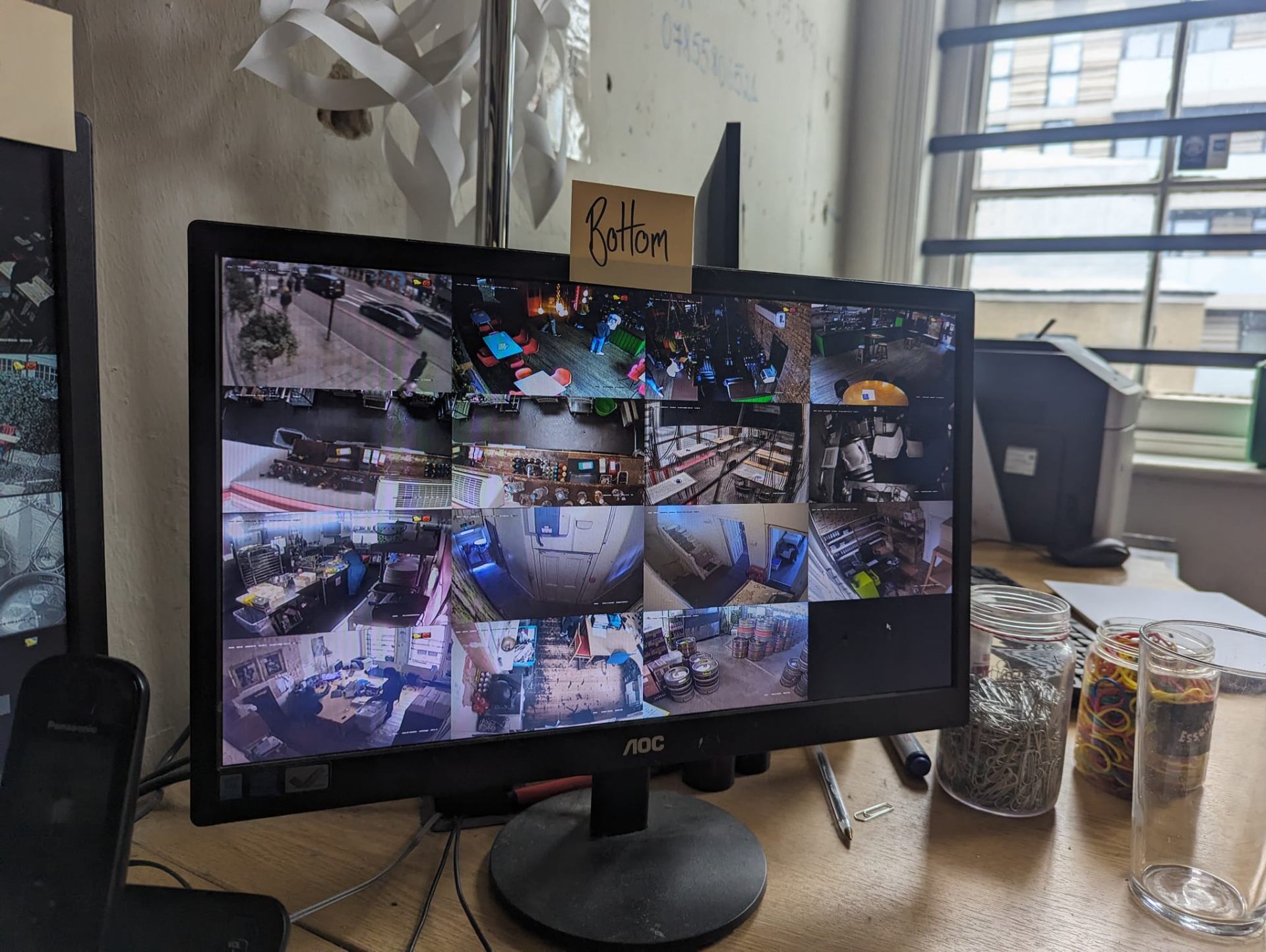 CCTV monitoring screen showing multi-camera grid view of a commercial property