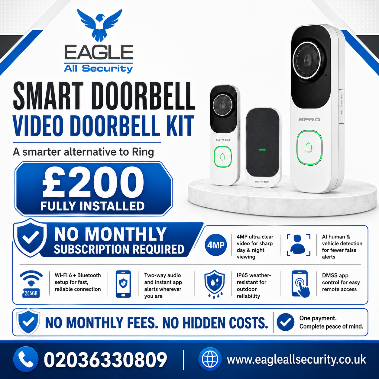 Eagle All Security Smart Doorbell Video Doorbell Kit — £200 fully installed, no subscription required, 4MP AI detection